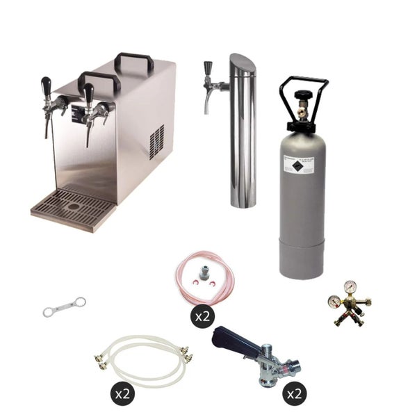 Zapfanlage mit Kohlensäureflasche, Zapfhahn, Durchlaufkühler, Bierschlauch und Zapfhebel