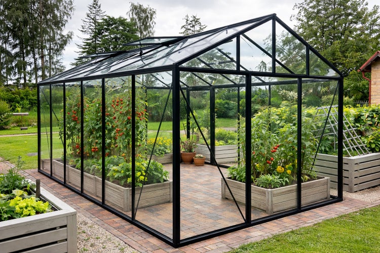 Großes Gewächshaus mit schwarzem Rahmen und Glaswänden, ausgestattet mit Hochbeeten aus Holz und Tomatenpflanzen auf Pflasterboden.