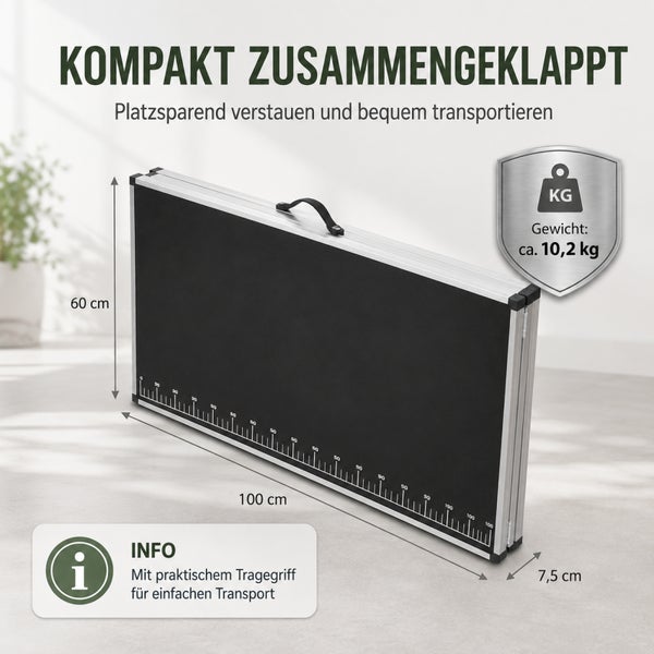 Zusammengeklappte Aluminium Rampe mit Tragegriff, 100 cm mal 60 cm mal 7,5 cm, Gewicht circa 10,2 kg.