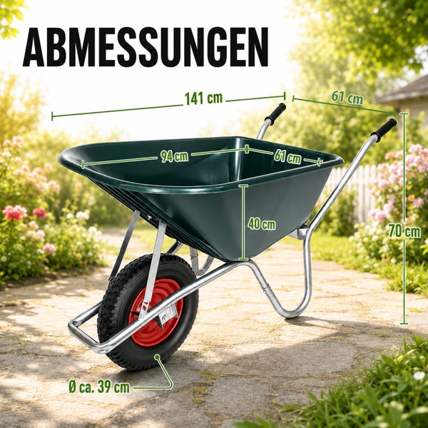 Schubkarre Abmessungen: Länge 141, Breite 61, Höhe 70 Zentimeter. Mulde 94 mal 61 mal 40 Zentimeter. Rad circa 39 Zentimeter Durchmesser.