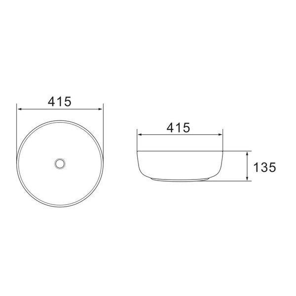 Zeichnung eines runden Aufsatzwaschbeckens mit den Maßen 415 mal 135 Millimeter.