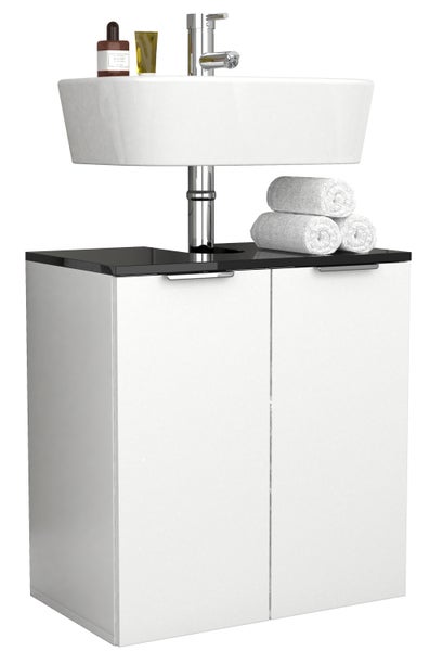 Waschtischunterschrank mit Aufsatzwaschbecken, Armatur und Handtüchern