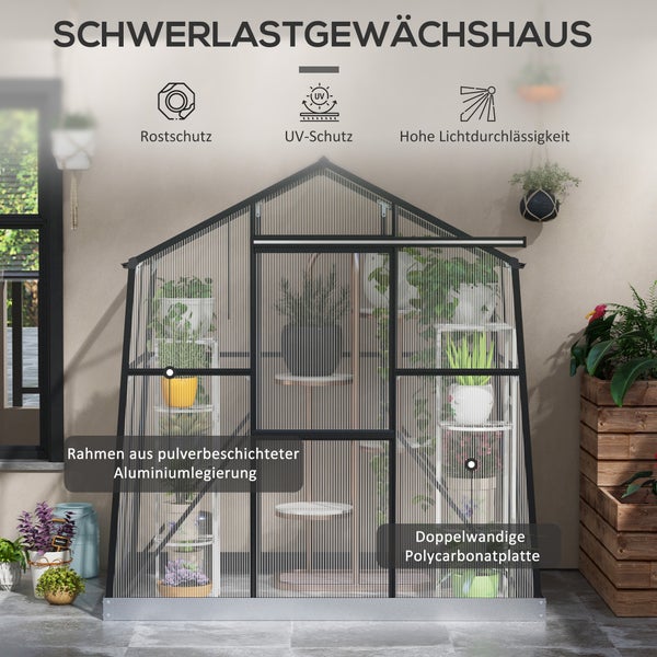 Outsunny Gewächshaus Aluminium 131 x 192 x 203 cm Treibhaus 2,51 m² Tomatenhaus mit Fenster, Schiebetür, Fundament, Aufzucht Pflanzenhaus für Garten, Balkon, Schwarz
