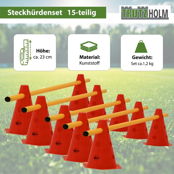 Trutzholm Steckhürdenset 15-teilig aus Kunststoff mit einer Höhe von circa 23 Zentimetern für das Training im Sportbereich.