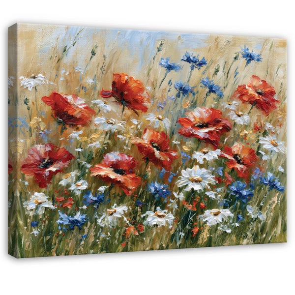 Wandbild Leinwanddruck mit einem Blumenwiesenmotiv bestehend aus Mohnblumen, Kornblumen und Gänseblümchen im pastosen Malstil.