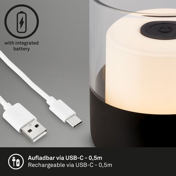 BRILONER LED Tischleuchte, Akku, Warmweißes Licht, Dimmbar, IP44, Touch, schwarz, 9 x 10 cm