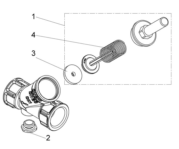 Explosionszeichnung einer Armatur mit nummerierten Einzelteilen wie Ventilgehäuse, Feder, Dichtung und Verschlussschraube.