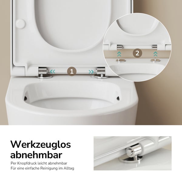 Weißer Toilettensitz, werkzeuglos abnehmbar. Darstellung der Entriegelung und des Abhebens zur einfachen Reinigung.