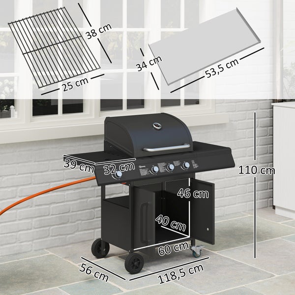 Outsunny Gasgrill 12,2 KW 3+1 Brenner BBQ Grillwagen aus Edelstahl inkl Rolle Seitenbrenner Thermometer Grillrost Kochfeld Seitentisch Gas-Grill für Balkon Camping 118,5 x 56 x 110 cm