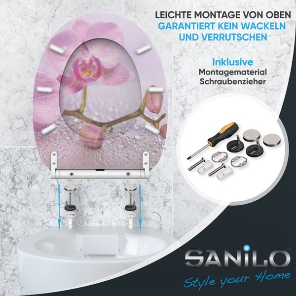 Sanilo Toilettensitz mit Orchideen-Motiv, einfache Montage von oben, inklusive Befestigungsmaterial und Schraubendreher, Sanilo Logo.