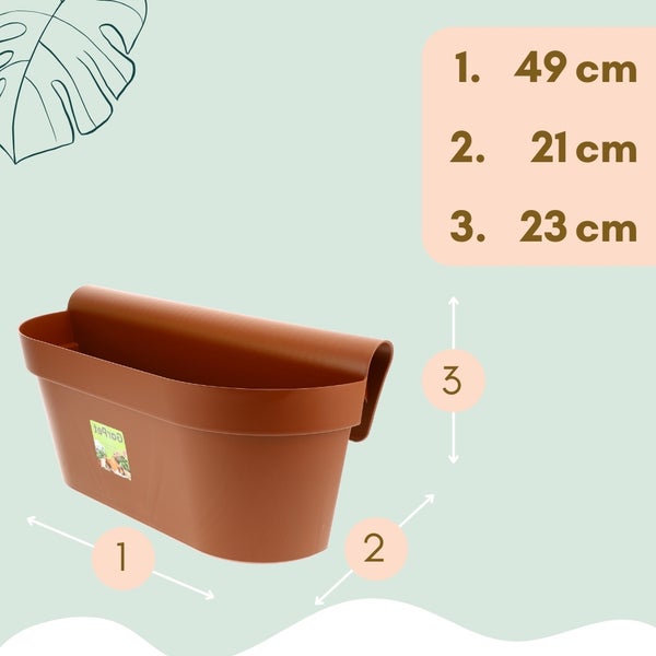 Abbildung der Abmessungen des braunen Blumenkastens: 49 cm breit, 21 cm tief und 23 cm hoch.