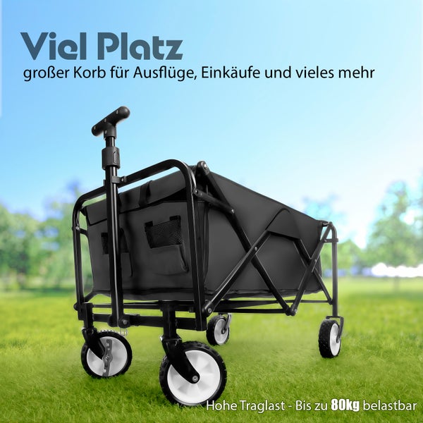BigDean Bollerwagen faltbar schwarz belastbar bis 80kg – kompakter Bollerwagen platzsparend zusammenklappbar für Ausflüge, Camping & Einkäufe