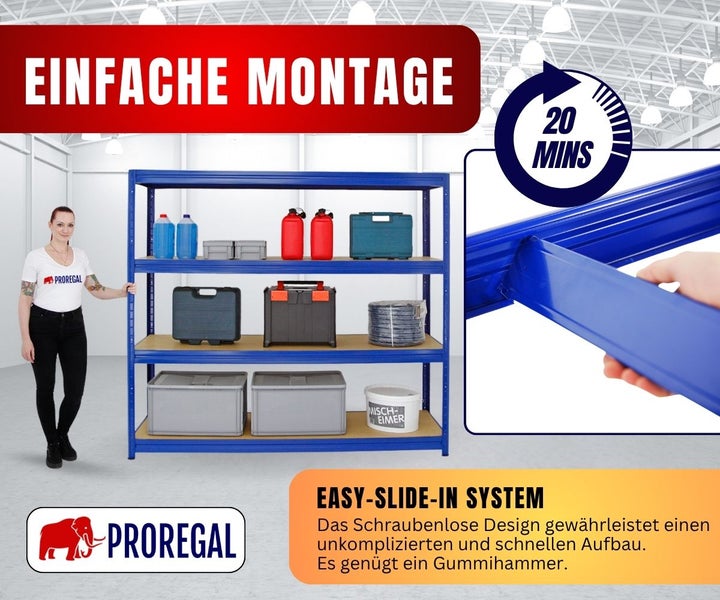 ProRegal Schwerlastregal mit schraubenlosem Stecksystem für eine einfache Montage in 20 Minuten. ProRegal Logo.
