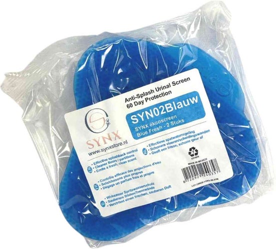 Verpackte blaue SYNX Ecoscreen Urinal Siebe zum Spritzschutz mit 60 Tagen Schutz