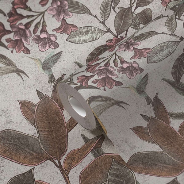 Tapetenrolle mit Blumen und Kolibri Motiv auf strukturiertem Untergrund