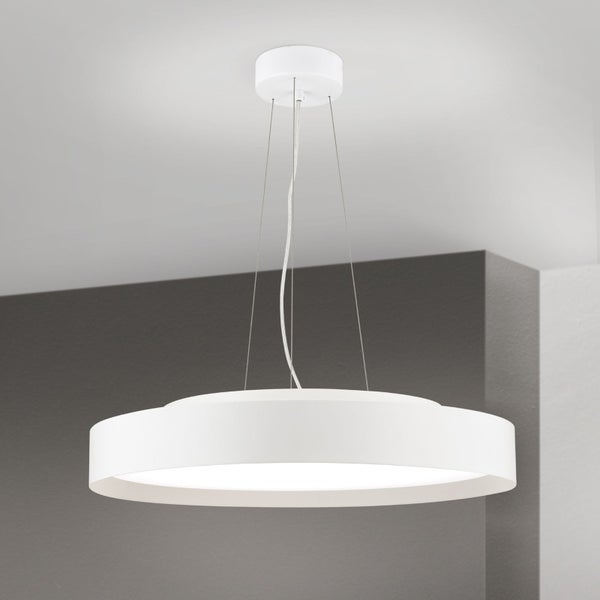 Runde LED Pendelleuchte in flachem Design mit Deckenbefestigung und feinen Seilaufhängungen