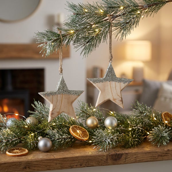 Zwei hängende Holzsterne mit Glitzerakzenten als Weihnachtsbaumschmuck in einem festlich dekorierten Wohnzimmer.