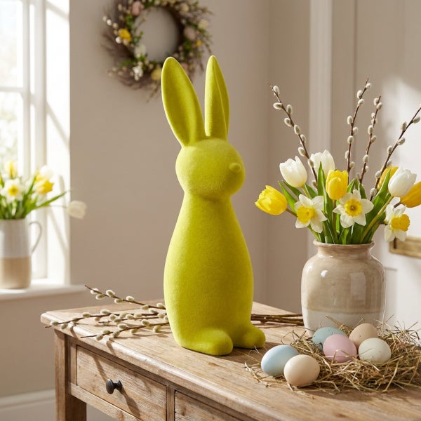 Osterdekoration mit beflockter Osterhasenfigur, Tulpen und Narzissen in einer Vase sowie Ostereiern im Nest auf einem Holztisch.