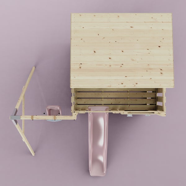 Draufsicht auf einen Kinderspielturm aus Holz mit einer Rutsche und einer Schaukel in Rosa.