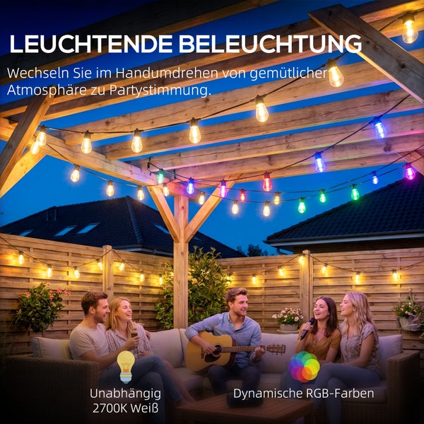 Außen-Lichterkette mit warmweißem Licht von 2700 Kelvin und bunter Beleuchtung an einer hölzernen Pergola in einem Garten mit Sitzlounge.