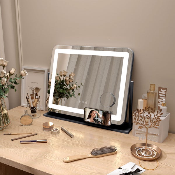 HOMCOM Schminkspiegel mit Beleuchtung, LED Kosmetikspiegel mit 3 Lichtfarben, Tischspiegel mit 10X Vergrößerung, Handy-Halter, USB-Ladeanschluss, 360° Drehbar, Schwarz