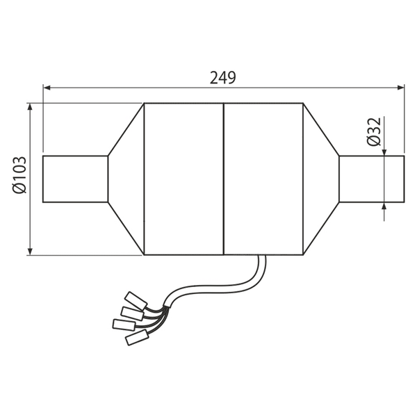 Technische Zeichnung eines zylindrischen Bauteils mit Maßen: Länge zweihundertneunundvierzig Millimeter, Durchmesser einhundertdrei Millimeter.