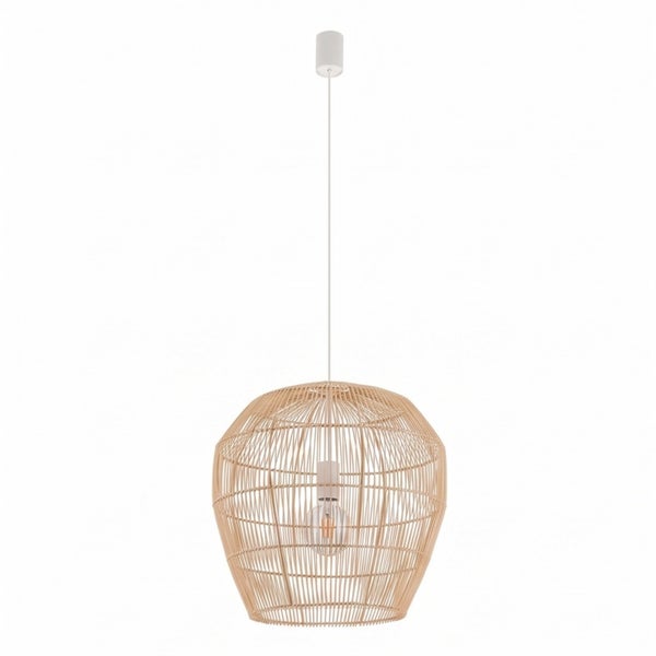 Moderne Pendelleuchte aus Rattan mit einer bauchigen Form und einer zentralen Lichtquelle für eine gemütliche Atmosphäre.