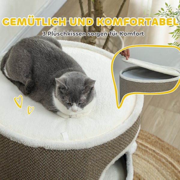 PawHut Kratztonne, 69 cm hoch Katzentonne mit 2 Höhle, Kratzbaum mit Spielbällen, Katzenturm aus Sisal, für Katze bis 6 kg, Kaffeebraun+Cremeweiß