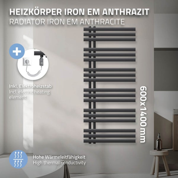 ECD Germany Iron EM Design Badheizkörper Elektrisch mit Heizstab 1200 W - 600 x 1400 mm - Anthrazit - Designheizkörper Paneelheizkörper Heizkörper Handtuchwärmer Handtuchtrockner