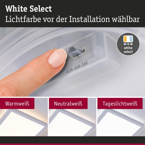 Schalter zur Auswahl der Lichtfarbe vor der Installation mit Beispielen für Warmweiß, Neutralweiß und Tageslichtweiß.