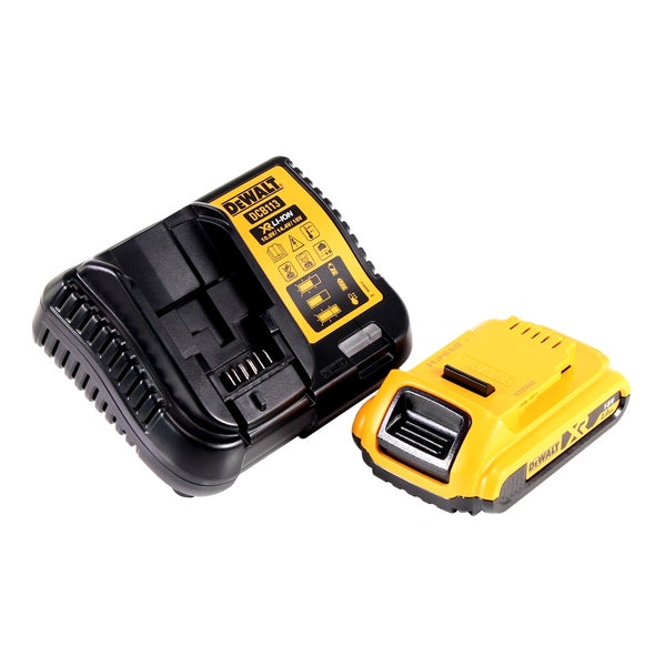 DeWalt Akku-Ladegerät DCB113 neben einem DeWalt 18 Volt Akku.