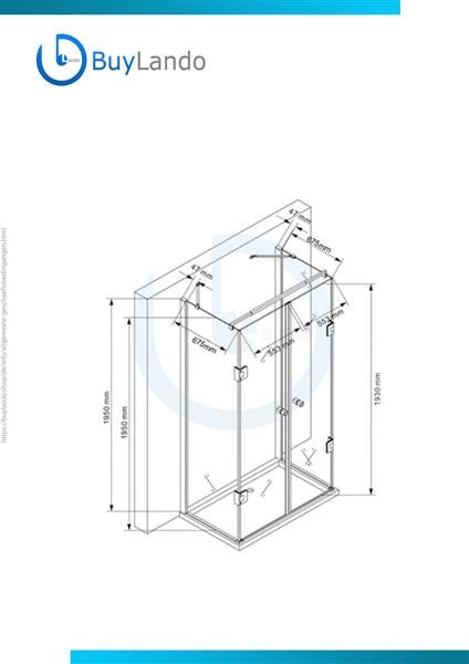 Technische Zeichnung einer Duschkabine mit Maßangaben