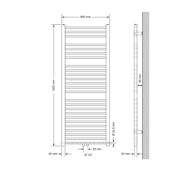 ECD Germany Badheizkörper 600 x 1500 mm - Weiß - gerade mit Mittelanschluss - Design Heizkörper Handtuchwärmer Handtuchtrockner Handtuchheizkörper Handtuchheizung Handtuchheizer Badezimmer Heizung