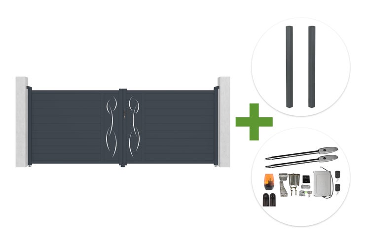 Zweiflügeliges Einfahrtstor aus Aluminium in Anthrazit mit Ornamenten, inklusive zwei Torpfosten und elektrischem Torantrieb-Set.