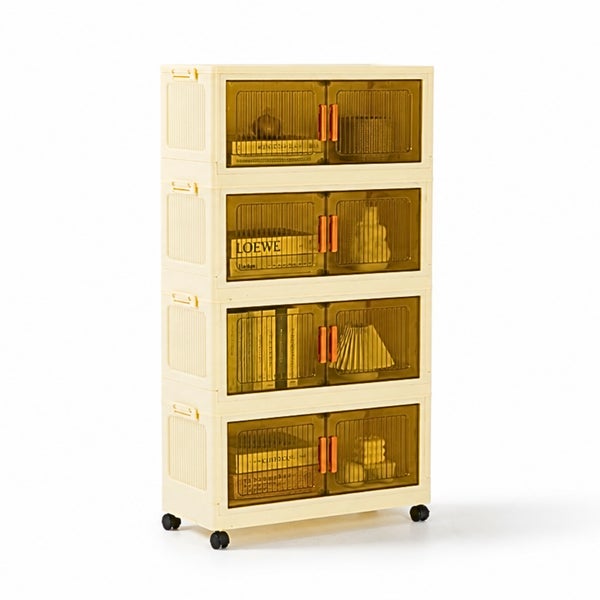 Beiger Kunststoffschrank auf Rollen mit vier Etagen, durchsichtigen braunen Doppeltüren und orangefarbenen Griffen.