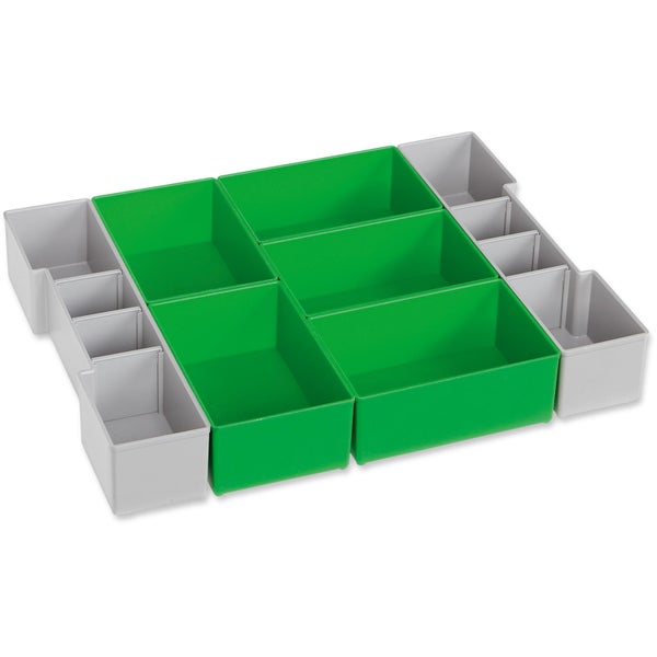 Kunststoff-Einsatzboxen-Set für Kleinteile in verschiedenen Größen, grün und grau.
