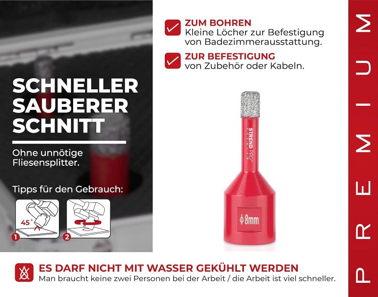 PROREGAL Diamant Bohrkronenaufsatz Premium Crystal 8 mm für Fliesen Glas Feinsteinzeug Keramik Granit Steinfliesen Winkelschleifer Flex M14