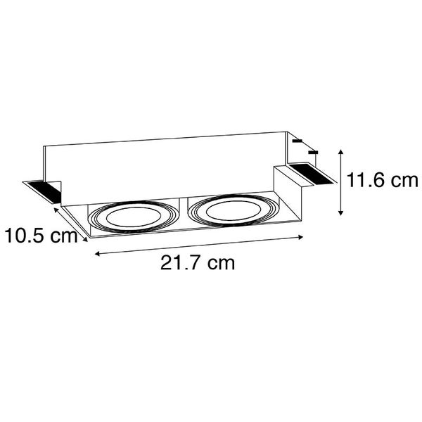 Technische Zeichnung einer zweiflammigen Einbauleuchte mit Maßen: Länge 21,7 Zentimeter, Breite 10,5 Zentimeter, Höhe 11,6 Zentimeter.