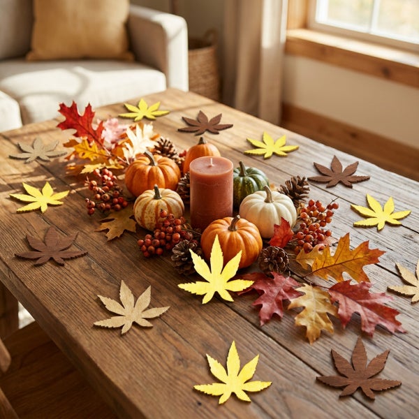 Herbstliche Tischdekoration mit kleinen Zierkürbissen, einer Kerze, Tannenzapfen, Beeren und dekorativen Laubblättern aus Holz auf einem Holztisch.
