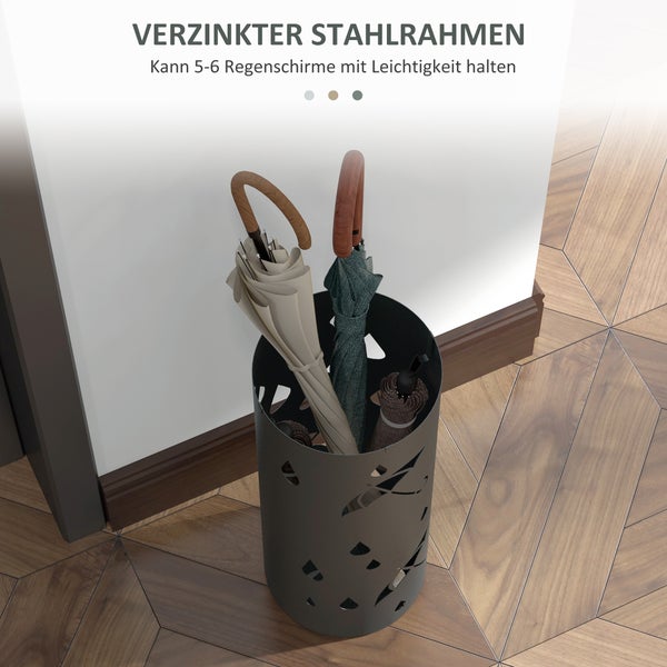 HOMCOM Schirmständer Regenschirmständer mit 4 Haken und abnehmbarer Tropfschale Schirmhalter für Gehstöcke & Regenschirme Stahl Ø17 x 41 cm Dunkelgrau