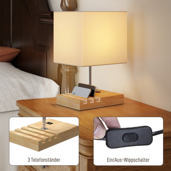 Tischlampe mit rechteckigem Stoffschirm, Holzsockel mit drei Smartphone-Halterungen, USB-Anschluss und Ein-Aus-Wippschalter.