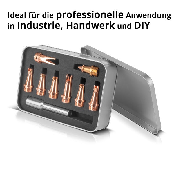 Plasmaschneid-Düsenset in Metallbox mit Schaumstoffeinlage, inklusive Kupferdüsen und Werkzeug, für Industrie, Handwerk und Heimwerken.