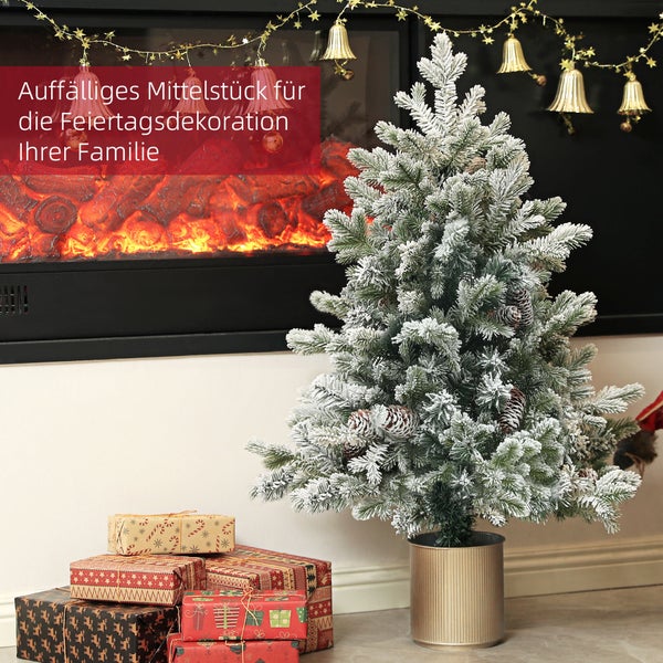 HOMCOM Künstlicher Weihnachtsbaum, 100 cm Christbaum mit 130 Spitzen, Kunstschnee, Blumentöpfe, flammenhemmend, für Weihnachten Deko, Grün+Gold