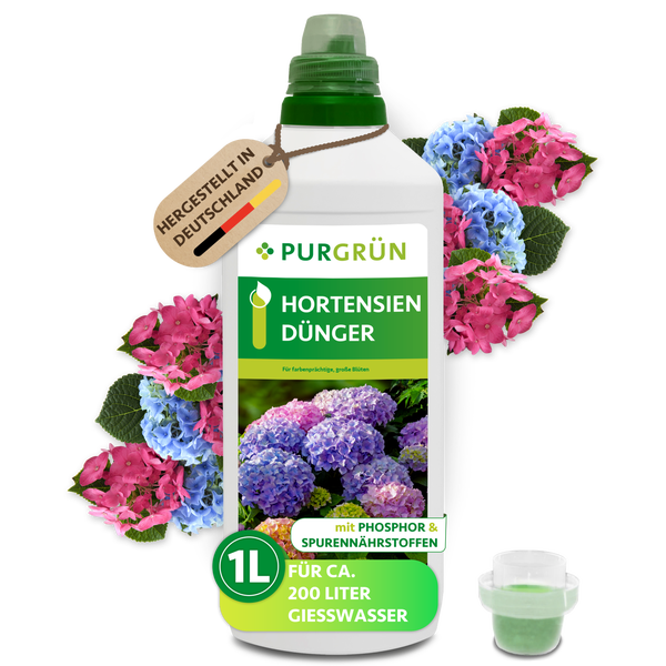 Purgrün Hortensiendünger, 1 Liter Flasche für circa 200 Liter Gießwasser, flüssig mit Phosphor und Spurennährstoffen, hergestellt in Deutschland.