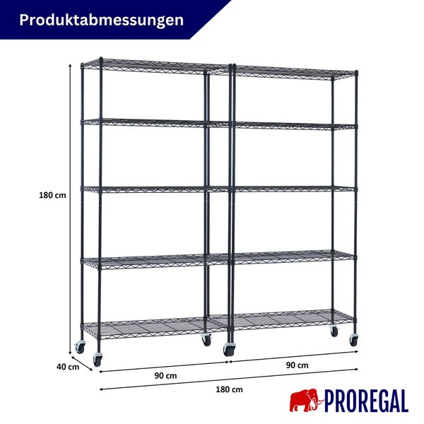 Produktabmessungen Drahtregal auf Rollen: Höhe 180 Zentimeter, Breite 180 Zentimeter (zwei 90-Zentimeter-Teile), Tiefe 40 Zentimeter. PROREGAL Logo.