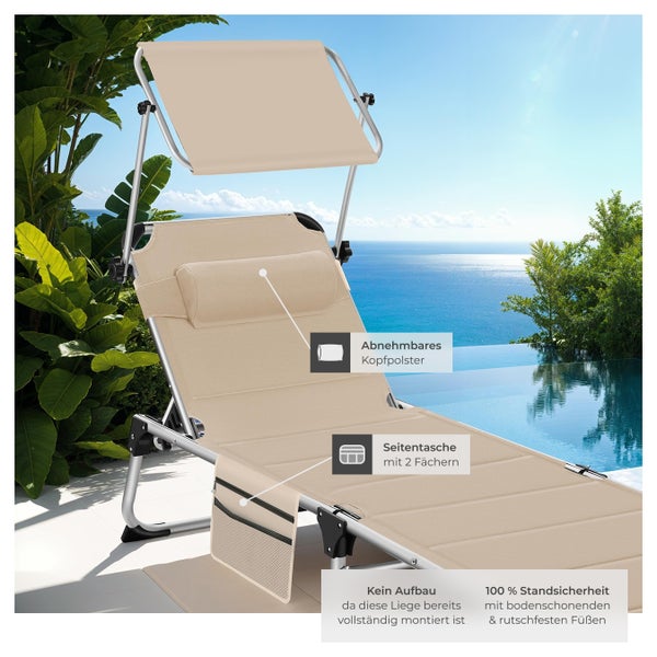 Sonnenliege tectake Lorella 220 x 60,5 x 34 cm, mit Seitentasche  gepolstert, klappbar beige