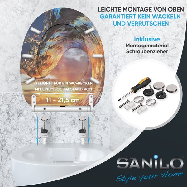 Sanilo Toilettensitz mit Wellen-Motiv, Montage von oben, inklusive Montagematerial und Schraubendreher, Lochabstand 11 bis 21,5 Zentimeter.