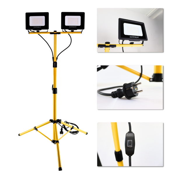 LUXULA LED Baustrahler mit Stativ 2x30W 4000K Neutralweiß 6000Lm IP65 Strahler mit Schutzkontaktstecker