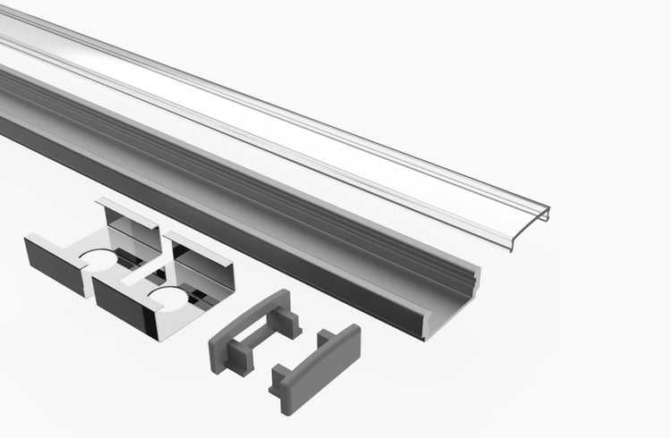 TIVENDIS Led Alu Profil 2 m AF2 Komplett Set für Strip / Streifen bis 12 mm breit | Abdeckung transparent klar, Endkappen, Befestigungclips | U-Form Aufputz Deckenleiste Wandprofil eloxiert