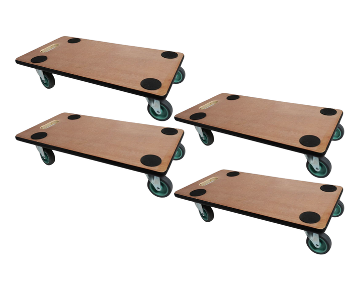 Set aus vier Transporthilfen aus Holz mit Anti-Rutsch-Punkten, Tragegriff und vier Lenkrollen.